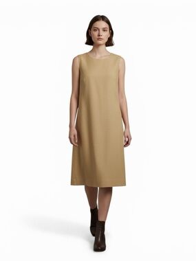 Prada Sleeveless Shift Dress 44 Tan Minimalist Knee Length Side Slit Designer